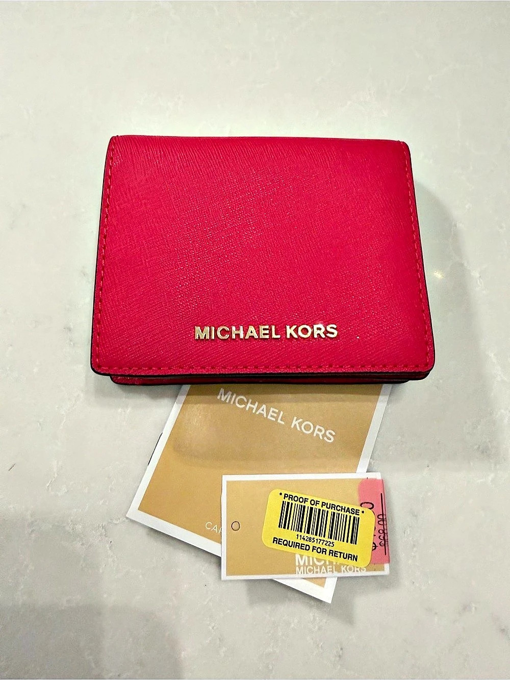 NWT Michael Kors Bright Pink Saffiano Trifold Wallet Gold Logo